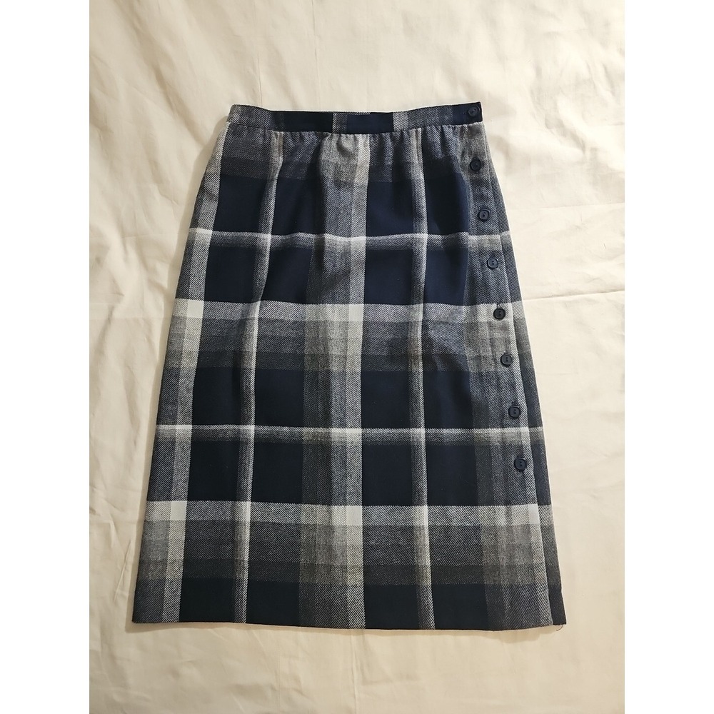 Haberdashery Personal Blue & Gray Plaid Wool‎ Skirt Sz 14 Straight Button Side